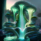 Luminescent mushroom structures in fantastical landscape