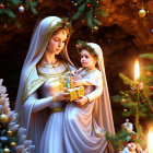 Christmas Tree Figurine Depicting Mary and Child in Candlelight