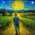 Man walking in vibrant swirling landscape with yellow skies and cypress trees