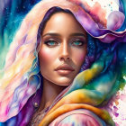 Colorful portrait of a woman with cosmic nebula hair and intense gaze