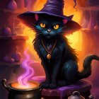 Black Cat in Witch Hat by Cauldron with Pumpkins and Candles