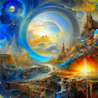 Majestic fantasy landscape with castles, waterfalls, and celestial bodies at sunset