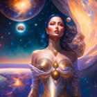 Digital artwork of woman with sci-fi elements in cosmic setting.