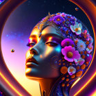 Colorful digital artwork: Woman with floral and fractal patterns in cosmic setting.