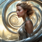 Futuristic woman in metallic armor with spiral designs on warm sky backdrop