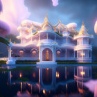 Grand illuminated palace surrounded by lush trees at twilight