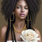 Curly-haired woman with gold jewelry holding a white rose