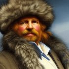 Portrait of person with ginger moustache in fur hat & coat against cloudy blue sky