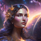 Digital Artwork: Woman with Cosmic Features and Starry Crown