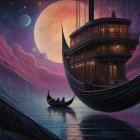 Gondola approaching ornate ship in celestial sky