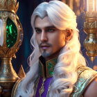 Fantasy king portrait with white hair in gold armor and torch backdrop