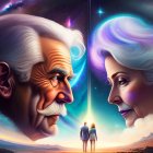 Elderly couple's cosmic profile portrait with vibrant galactic elements