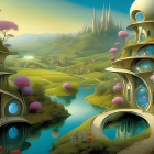 Whimsical surreal landscape with round windows, rolling hills, colorful flora, and winding rivers.