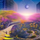 Futuristic cityscape with organic-shaped buildings and floating spheres