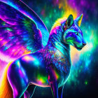 Mythical wolf with wings in vibrant neon colors