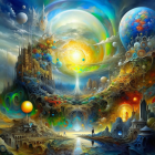 Fantasy cosmic landscape with floating islands and celestial bodies