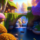 Vibrant landscape with treehouse, bridge, stream, and colorful flora