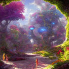 Fantasy landscape with pathway, archway, luminescent trees, purple foliage