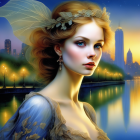 Fantasy portrait of woman with fairy wings in twilight cityscape