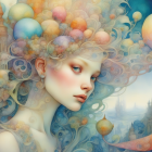 Fantasy illustration of serene female with floral hair and pastel balloons