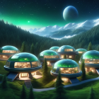 Futuristic domed habitats in forest setting under starry sky