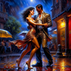 Passionate couple dancing in rain-soaked city street at night