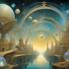 Fantastical cityscape with ornate buildings and celestial sky