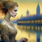 Ethereal woman with ornate jewelry in twilight cityscape