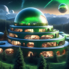 Futuristic building in lush forest with illuminated interiors under night sky