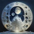 Circular surreal artwork featuring intricate lace-like structure with moon and stars.