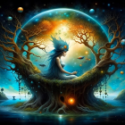 Fantastical artwork: Woman with bird-like headdress on tree, cosmic backdrop, moon, floating