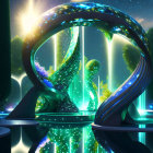 Futuristic night cityscape with spiraling structures and lush greenery