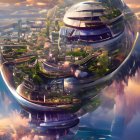 Futuristic city with spherical structures and greenery in golden sky