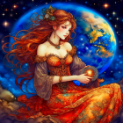 Illustrated woman with red hair holding glowing orb in cosmic scene