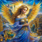 Golden-winged angel in flowing blue gown before radiant cityscape