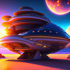 Futuristic multi-level building against surreal sunset sky with large planets.