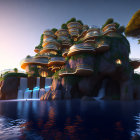 Futuristic terraced buildings on lush island with waterfalls at sunset