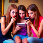 Three young women applying lipstick and looking at smartphone indoors