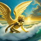 Golden winged mythical creature hovering over ocean waves at sunset