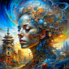 Surreal portrait of woman with ornate cosmic headdress