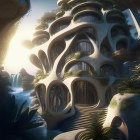 Futuristic multi-level building in lush cliffside with organic design