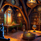 Enchanting room with blue cat, lanterns, celestial spheres, ancient books, and tree-root