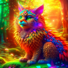 Colorful feathered cat in glowing enchanted forest