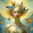 Golden butterfly-winged figure surrounded by butterflies in soft light