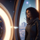 Curly-haired woman in leather jacket gazes at futuristic cityscape from spaceship window