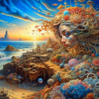 Colorful fantasy landscape with floral woman's face blending into mountains, forests, and sunset sky