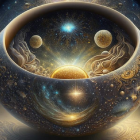 Surreal cosmic image with nested spheres and starry textures