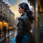 Woman in shiny black coat observing rainy street with illuminated shops