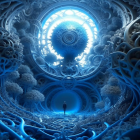 Surreal blue environment with fractal patterns and circular portal