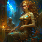 Fantasy artwork of woman with glowing hair in golden dress, sitting majestically.